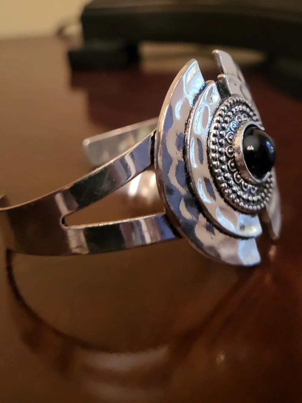 Silver Statement Cuff Bracelet with Black Stone
